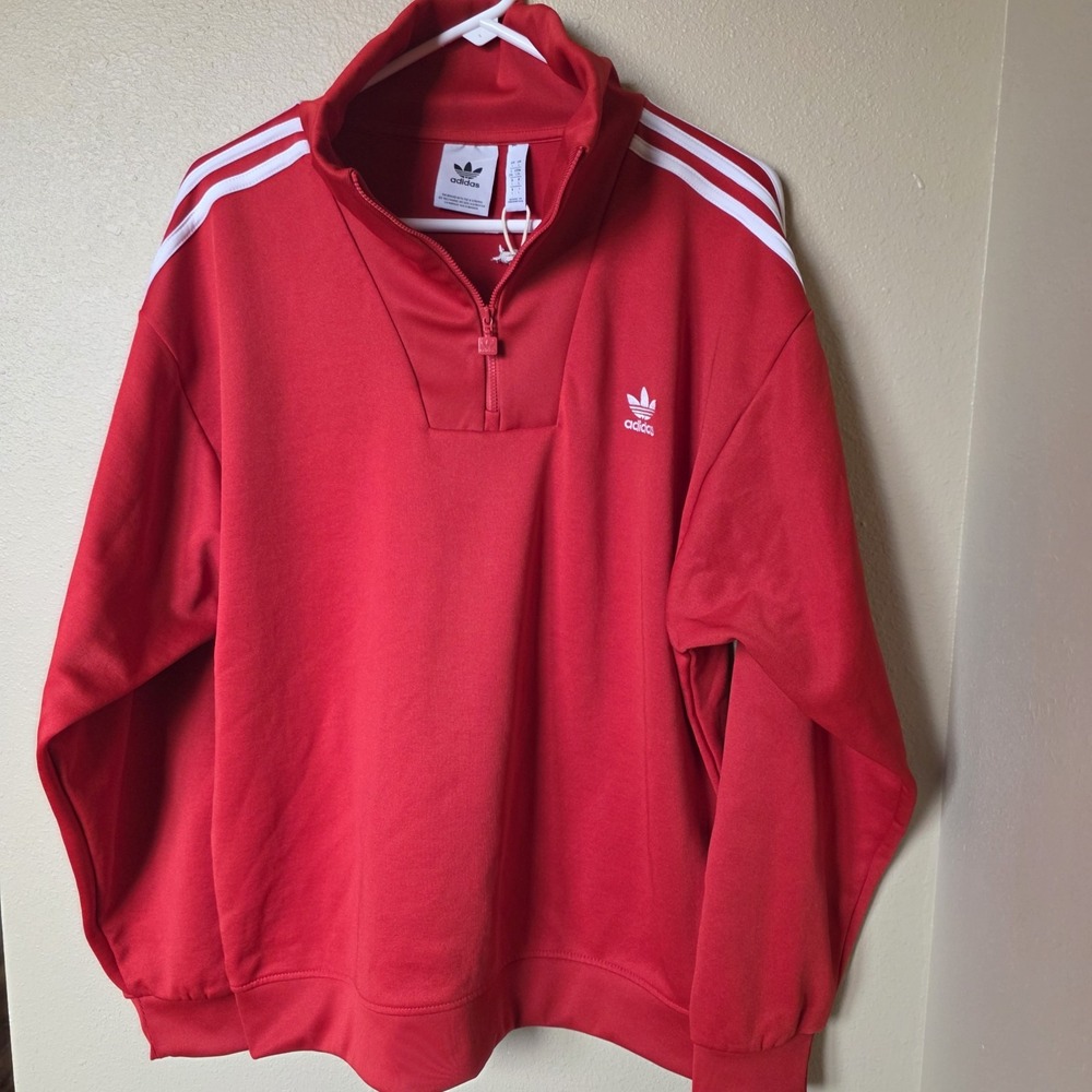 Adidas 3-Stripe Quarter Zip Pullover Sweatshirt Men's L Red White Preppy